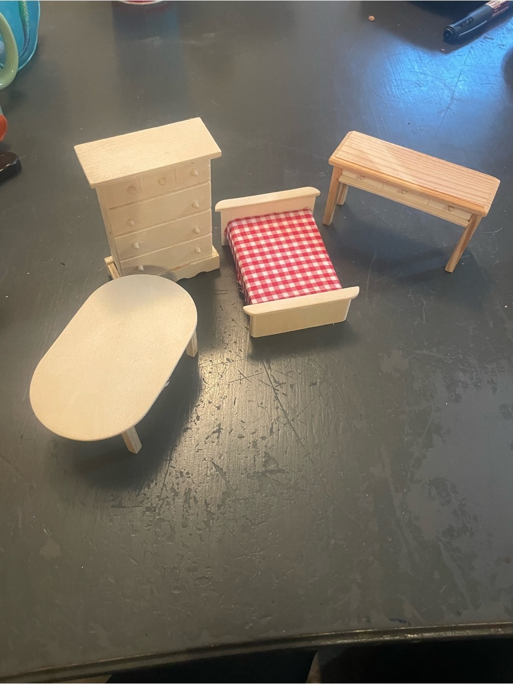 Wooden Dollhouse Furniture Set with Red Gingham Bed